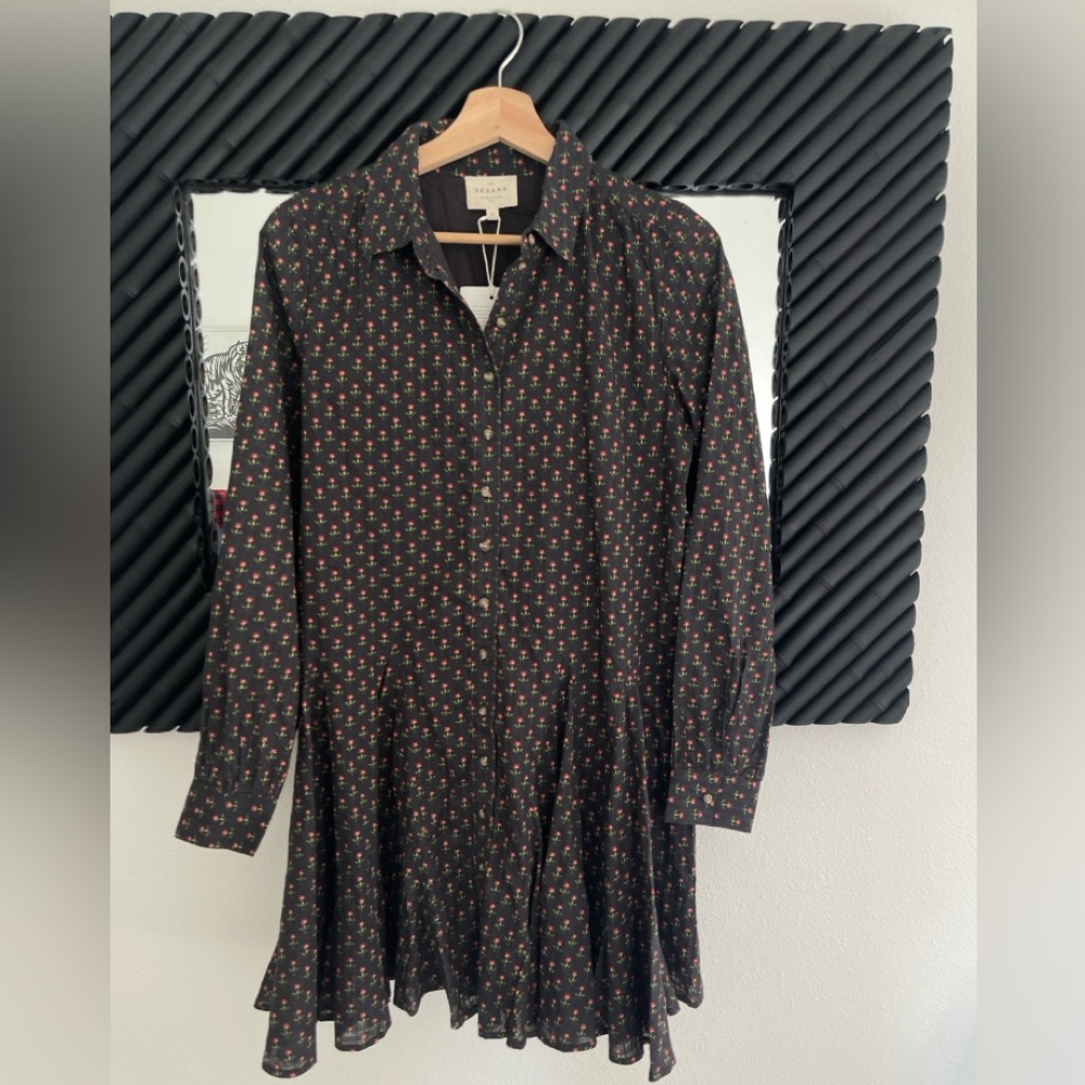 Sezane Black Dress with Red Floral Pattern